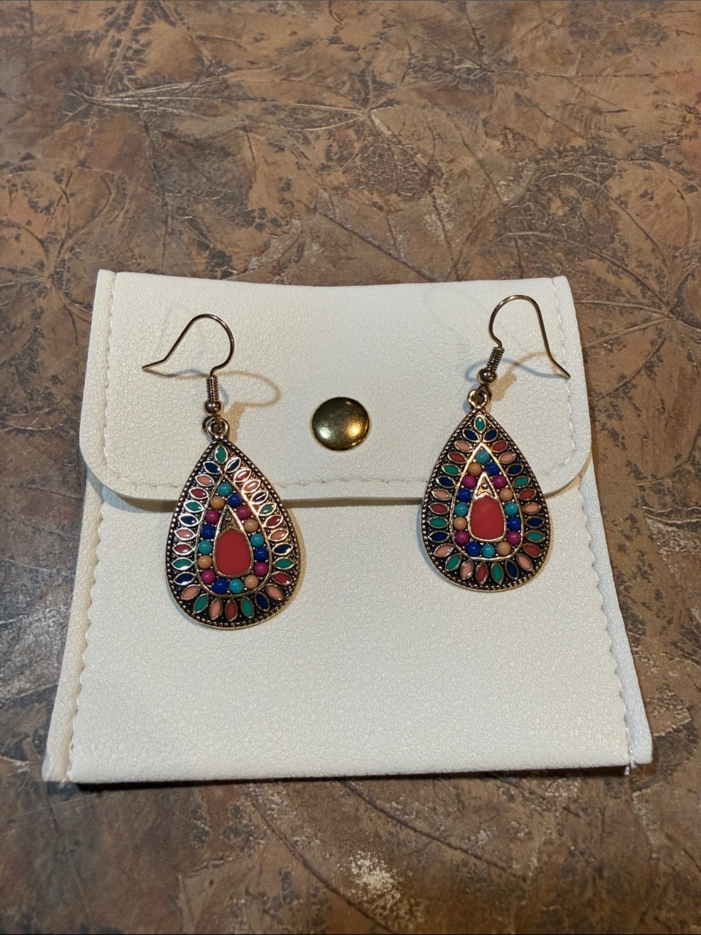 Boho  Teardrop Dangle Earrings - Vibrant Pink, Turquoise & Gold with case